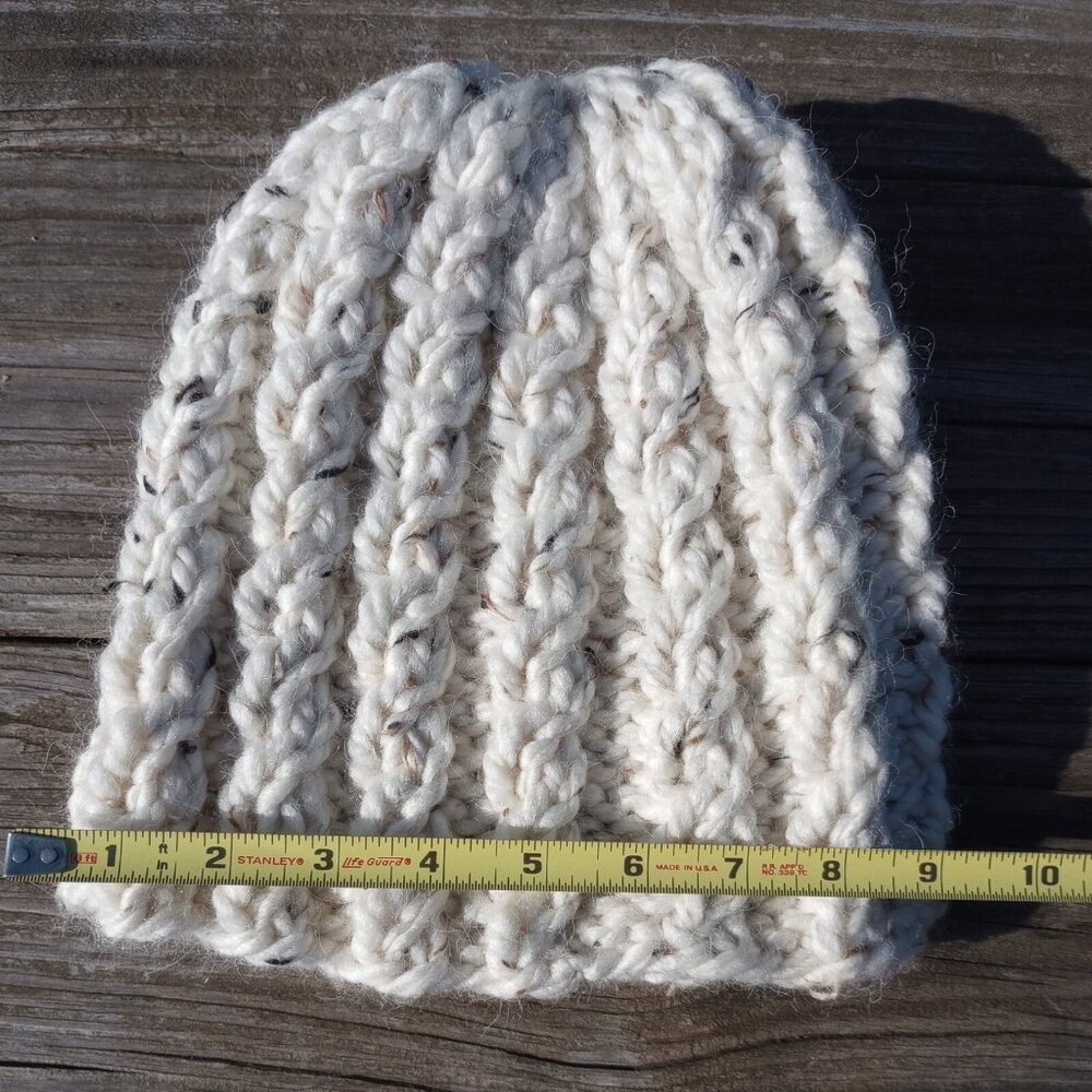 Alpaca Beanie Skully Hat Men Thick Chunky Hand Knit Wool Rib Biscotti White M-L - Picture 9 of 9
